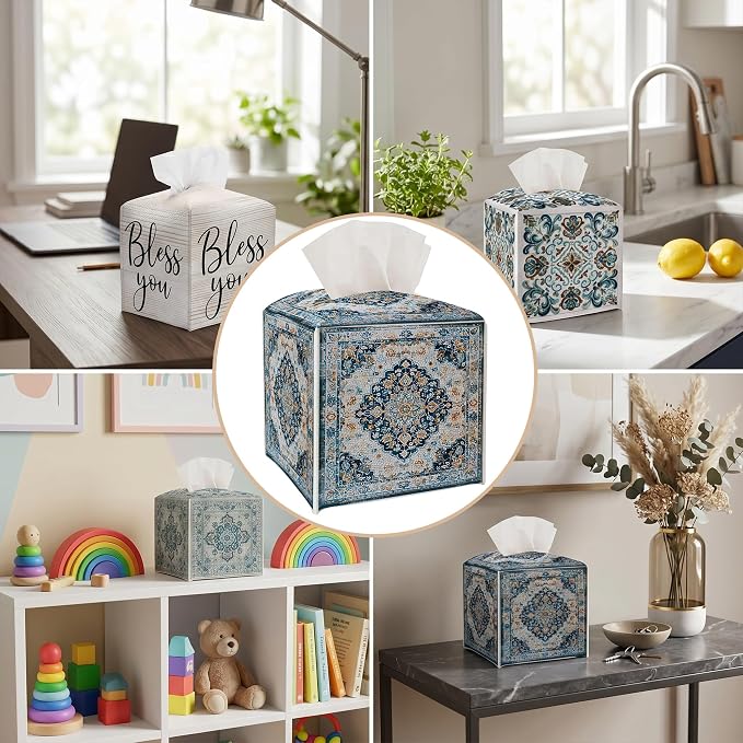 Tissue Box Cover Holder Square - Vintage Boho PU Leather Decorative Organizer, Ethnic Carpet Pattern Design Inspired, with Bottom Belt for Bathroom Car Office Tabletop Home, 5x5 Inch (Blue&White)