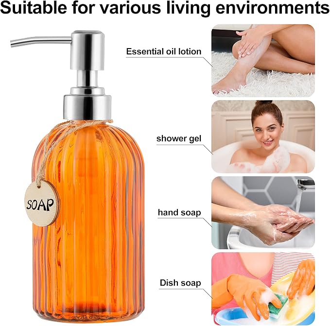 MOCLIF 16 OZ Soap Dispenser，Tempered Glass Clear Vertical Stripe with 304 Rust Proof Stainless Steel Pump Refillable Liquid Hand Soap Dispenser，for Bathroom, Kitchen, Dish Soap，Lotion (Orange)