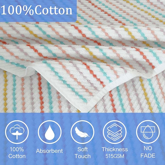 VOOVA & MOVAS Big Kids Hooded Towel Wrap, 8+, 100% Cotton,White Multi Color | Multi-Color Stripe Design, Soft, Absorbent & Fast Drying, Great for Beach Vacations