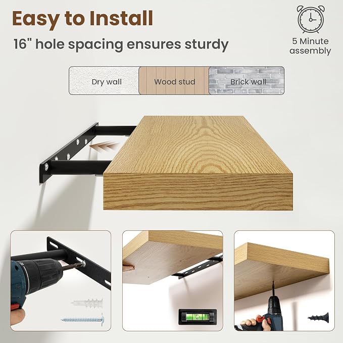 72 Inch Floating Shelves for Wall, 8 Inch Deep, Invisible Brackets, Oak | Rustic Wall Mounted Shelf, Storage & Display, Wooden Shelves for Living Room, Kitchen, Bathroom and Home Decor, Set of 2