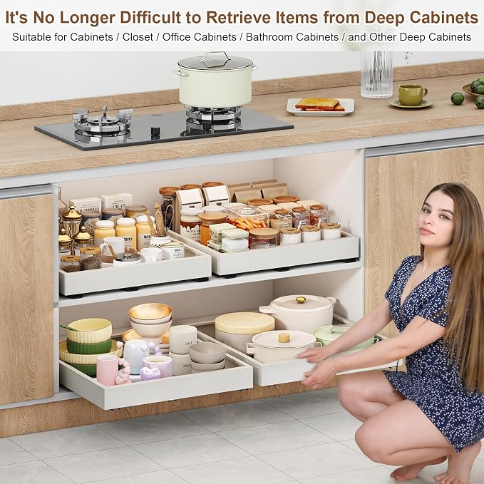 Fokyfok Pull out Cabinet Organizer,11"-16"W,17"-24"D,Expandable,Adhesive | No Drill,3 Rails,Adjustable Slide out Drawers for Kitchen,Pantry,Roll out Shelves,for Cabinets Without Lip,Bathroom,White,1PC