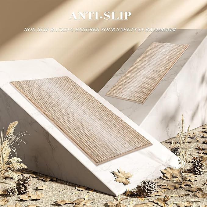 Bathroom Rugs and Mats Sets, 2 Piece Thick Absorbent Chenille Bath Mat Rug Set Non Slip, Soft Shaggy Bath Room Floor Mats for Bathroom, Machine Washable (Beige, 24" x 70" Plus 20" x 32")