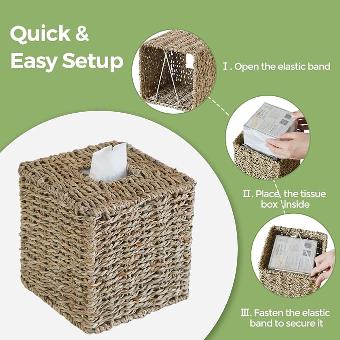 Seagrass Tissue Box Cover Square, Handwoven Facial Tissue Box Holder | Natural Seagrass, Decorative Cube Wicker Tissue Cover Tissue Holder for Bathroom Bedroom Office, Boho Decor