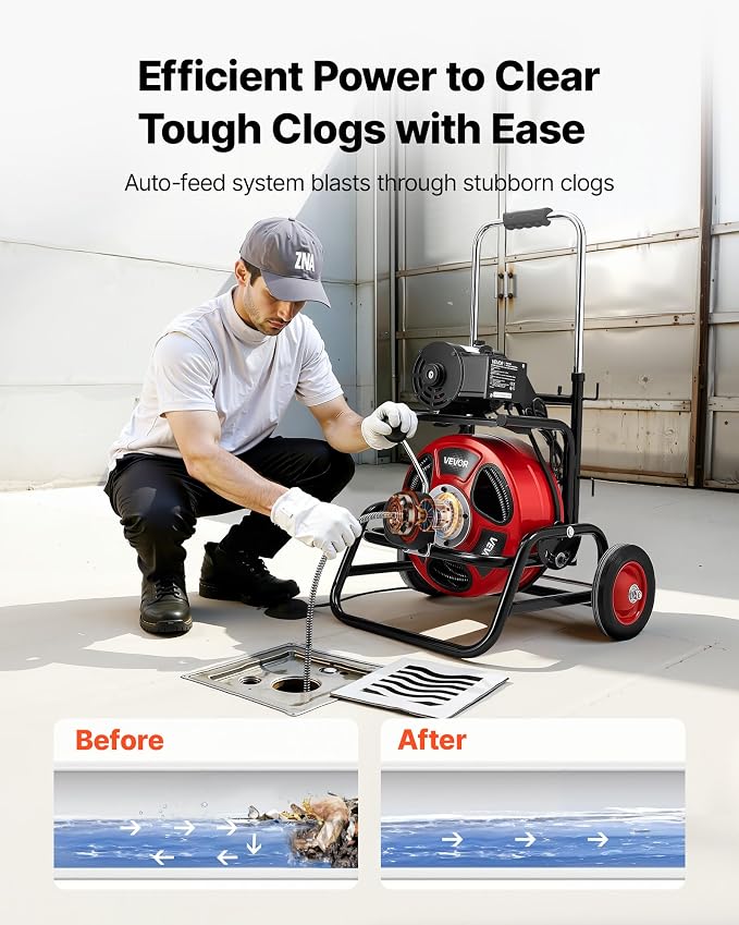 VEVOR Drain Cleaner Machine 75 FT x 1/2 Inch, Auto Feed Sewer Snake Auger, Portable Drain Cleaning Machine with Climbing Wheels, Adjustable Drum, 8 Cutters & Foot Switch for 2" to 6" Pipes