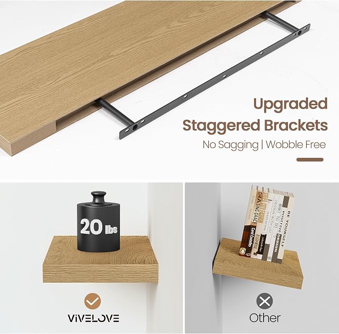 Vivelove Floating Shelves 9 inch Deep 16”Long Set of 2, Oak | Easy Install With Hardware, 1.5" Thick, Invisible Brackets, Wall Mounted, No Sagging, For Any Room