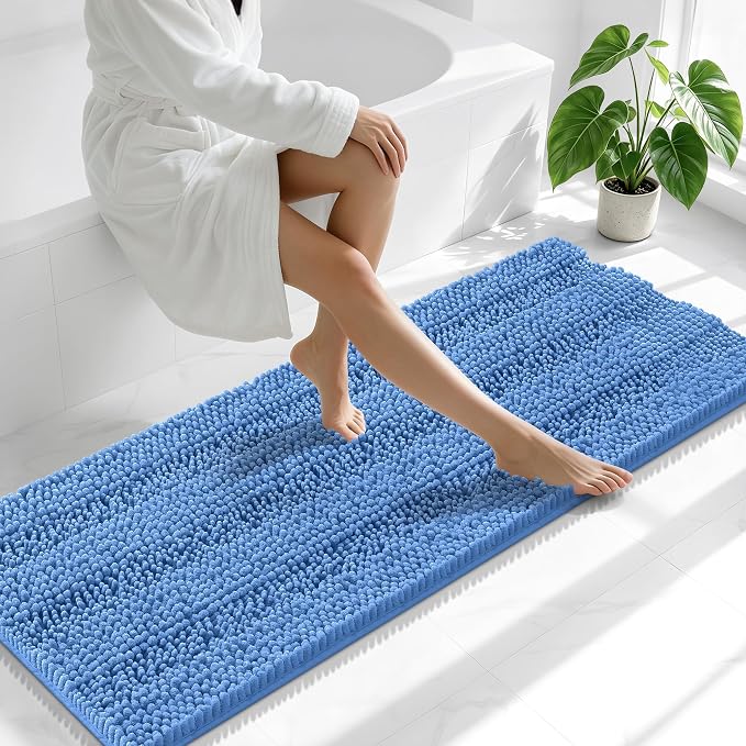 Smiry Thick Chenille Bathroom Runner Rugs 59x20, Bath Mat, Cornflower Blue | Quick‑Dry & Machine Washable, Non‑Slip Bath Carpet, Soft Striped Bath Rugs for Tub & Shower, Modern Home Decor Accessories
