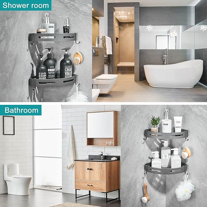 2-Tier Corner Shower Shelf, Dark Grey | No Drilling Bathroom Shelves Shower Caddies Adhesive Bath Corner Shelf Wall Mounted Bathroom Shower Caddy Organizer