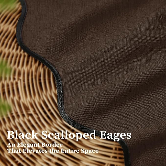 84x72 Boho Scalloped Linen Textured Cloth Shower Curtain Set, Brown | Wide Size, 230GSM Waterproof Polyester, Heavy Duty Fabric, 14 Plastic Hooks, Elegant Modern Farmhouse Style, Machine Washable