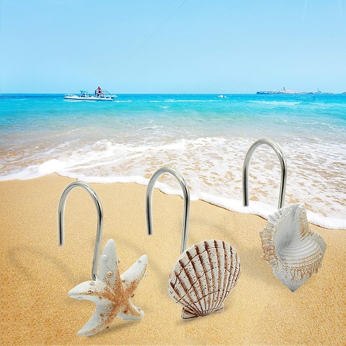 Seashell Shower Curtain Hooks,12PCS Anti Rust Decorative Hooks | Decorative Resin Bath Room Accessories Set,Tropical Beach Fashion Theme Bathroom Decor