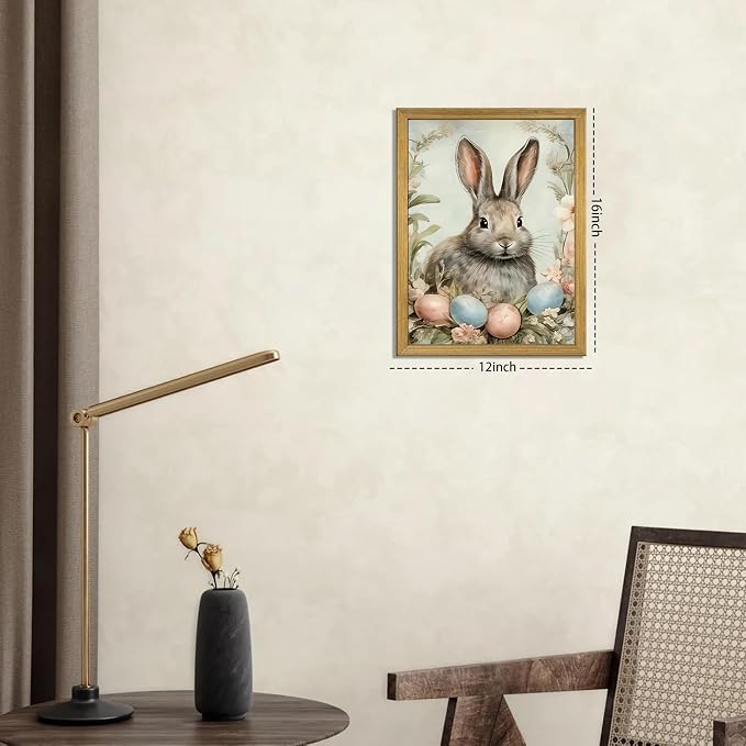 Easter Bunny Wall Art, Vintage Rabbit Canvas Wall Decor, Easter Eggs Poster Print Picture, Spring Farmhouse Animal Painting for Living Room Bedroom Kitchen Holiday Home Decor 12x16 Inch Wood Framed