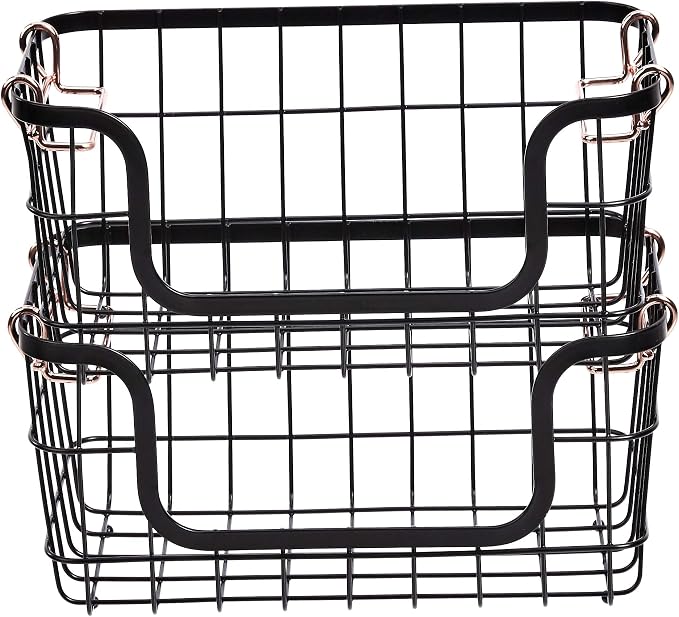 Amazon Basics Stackable Metal Wire Rectangular Storage Baskets for Kitchen, Bathroom or Pantry Organizing, 2 Count, Black
