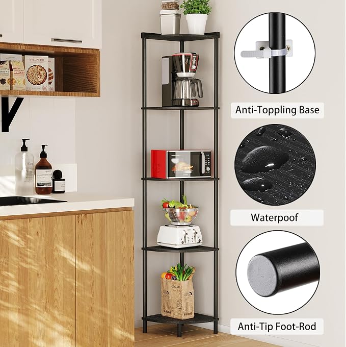 SUNMORY 5 Tier Corner Shelf, 65" Tall Corner Shelves for Living Room Decor | Wall Corner Bookshelf, Industrial Display Shelf, Multi Unit Organizer, Narrow Plant Stand for Bedroom Bathroom Small Space