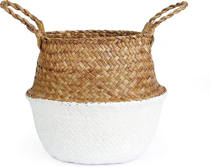 Woven Seagrass Belly Basket for Storage, Laundry, Picnic, Plant Pot Cover, and Grocery and Toy Storage (Large, White)