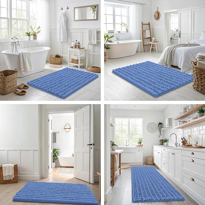 Smiry Bathroom Rugs 24X16, Extra Soft Rubber Backing Chenille Bath Mats | Cornflower Blue Machine Washable Non Slip Quick Dry Bath Mats for Bathroom Floor, Tub, Shower, Home Decor Accessories