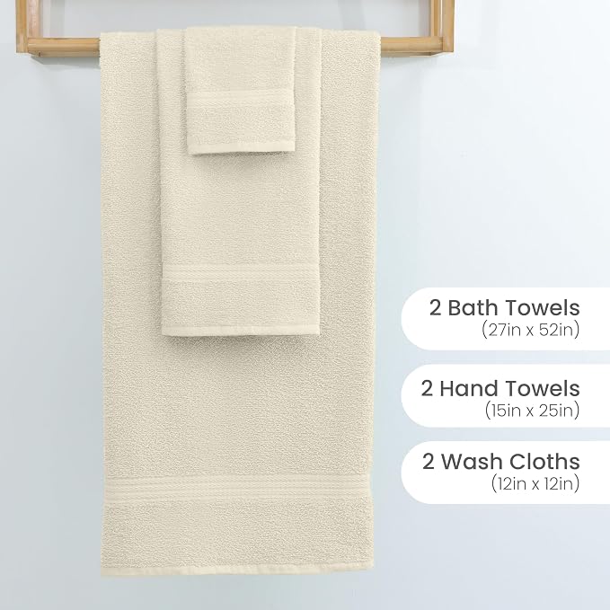 Martex Easy Living Everyday 6-Piece Bathroom Towel Set, Ivory | 2 Bath Towels, 2 Hand Towels, 2 Wash Cloths, 100% Cotton, Soft, Quick-Dry