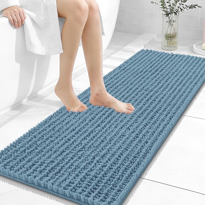 OLANLY Bathroom Runner Rugs 47x17, Thick Soft Absorbent Chenille Bath Rugs | Airy Blue, Quick-Drying Rubber Backing, Long Shaggy Bath Mat, Washable for Floor, Tub and Shower, Home Decor Accessories