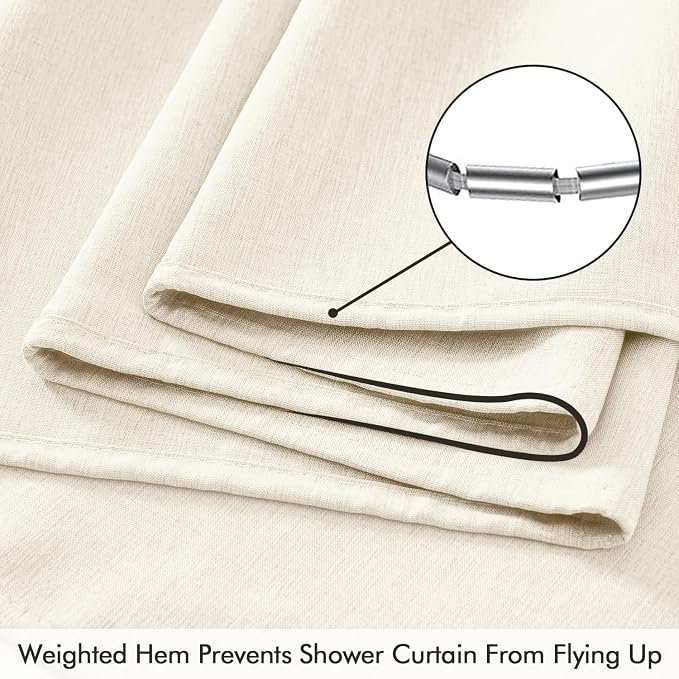 ANRODUO Ivory Linen Textured Fabric Shower Curtain Set - W72xL72 | Farmhouse Shower Curtain with 12 Metal Hooks, Waterproof Heavy Duty, Button Hole Design, Machine Washable for Bathroom