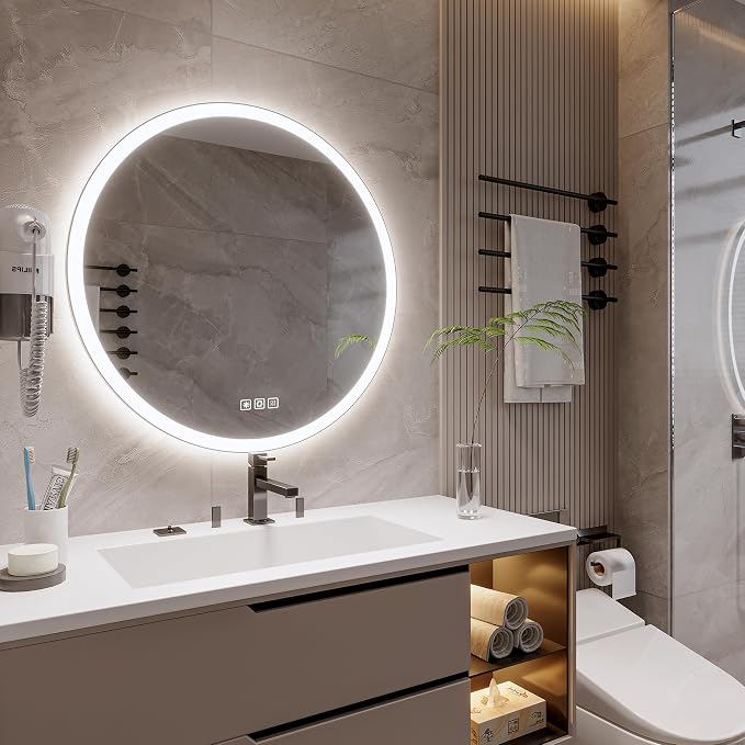 20inches Round LED Mirror,samrt Mirror Bathroom,Wall Bathroom Mirror with Light,Anti- Fog,3 Colors Dimmable,Front and Backlit,CRI90+,Touch Button