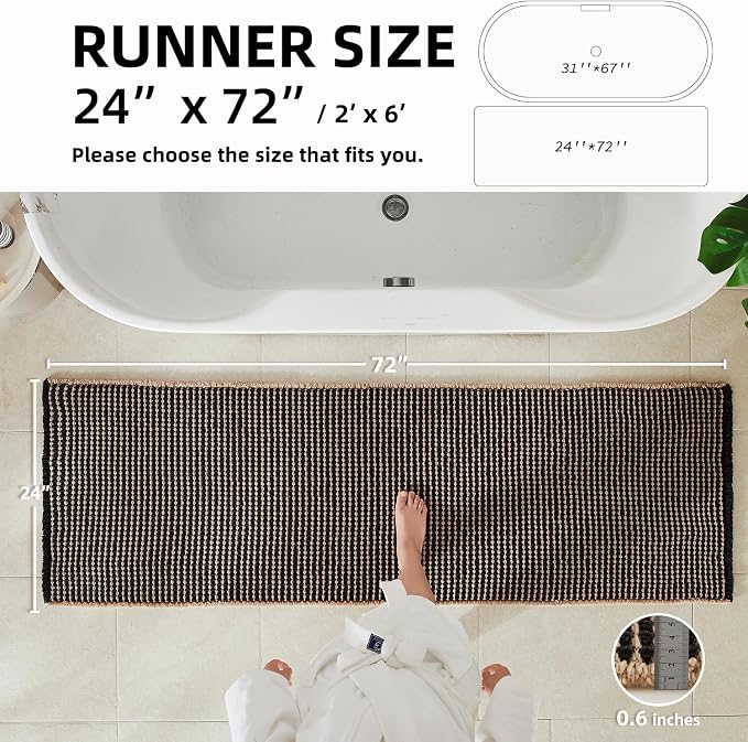 TYUU Waffle Runner Rug Bathroom, Long Boho Bathroom Rugs Non Slip Washable Super Absorbent Quick Dry Farmhouse Bath Decor, 72"x24" Khaki and Black