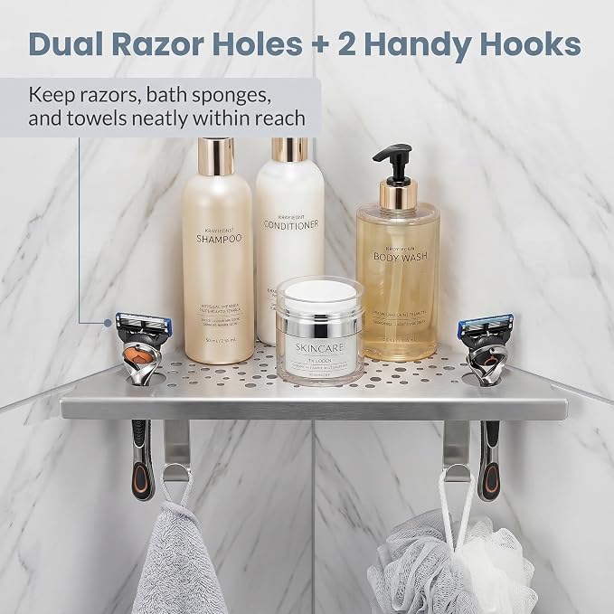 HIDROP Brushed Nickel 10" Corner Shower Shelves with Hooks and Holes,2 Pack | 4 Hooks & 4 Razor Holes, 304 Stainless Steel Bathroom Corner Shelf, Fast Drainage, Embed into Tile Gap, Modern Bathroom Shelf