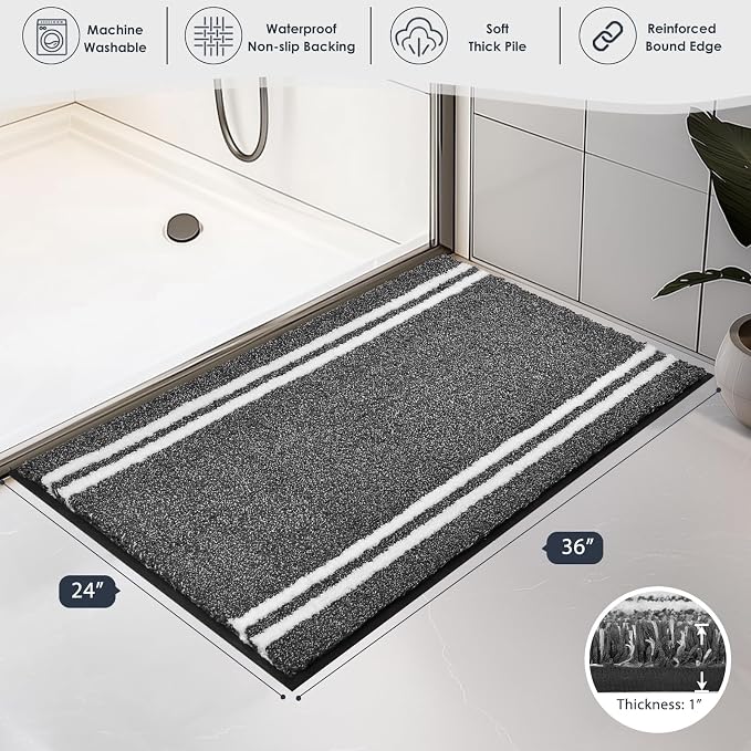 PURRUGS Bathroom Rug, Bath Mat, 24" x 36", Charcoal | Machine Washable, Non-Slip, Waterproof TPR Backing, Super Absorbent, Quick Dry, Bath Rug for Shower, Bathtub, and Sink