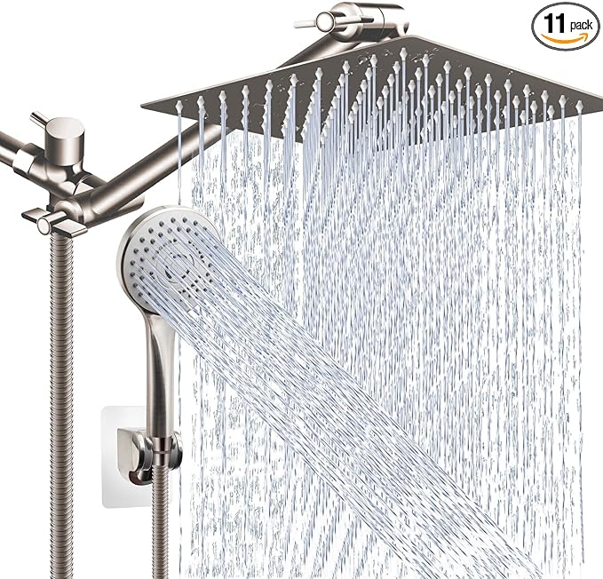 Shower Head Combo,10" Brushed Nickel High Pressure with 11" Extension Arm | Rain Shower Head with 5 Settings Handheld Shower Head Combo,Powerful Shower Spray Against Low Pressure Water