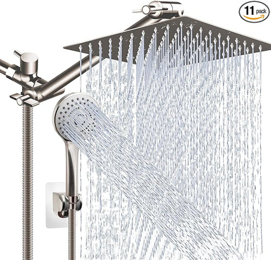 Shower Head Combo,10" Brushed Nickel High Pressure with 11" Extension Arm | Rain Shower Head with 5 Settings Handheld Shower Head Combo,Powerful Shower Spray Against Low Pressure Water