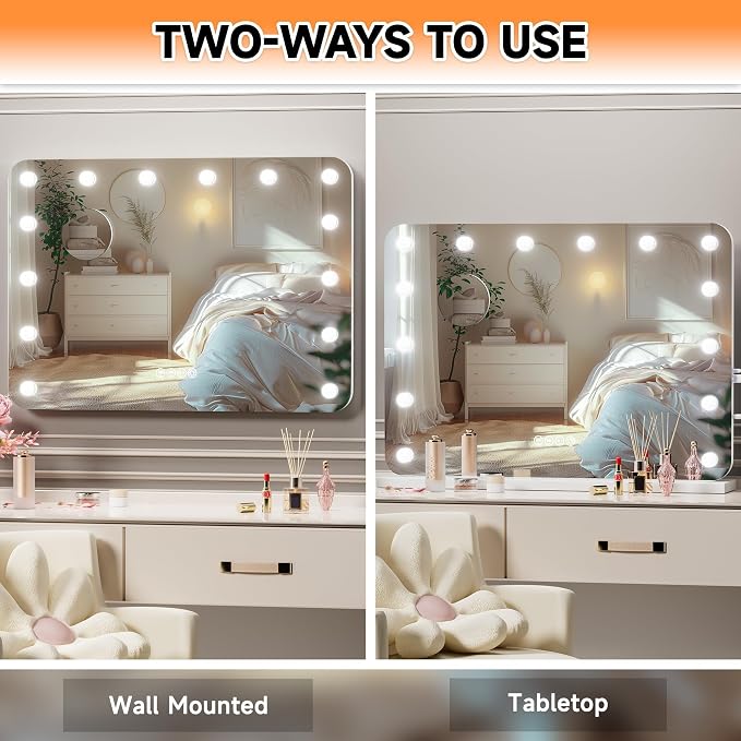 ouboyo 36''X24'' Hollywood Vanity Mirror with Lights, Lighted Makeup Mirror with 16 Dimmable LED Bulbs, 3 Color Lighting Modes & Stepless Dimming, USB & Type-C Charging Port, Wall Mounted Or Tabletop