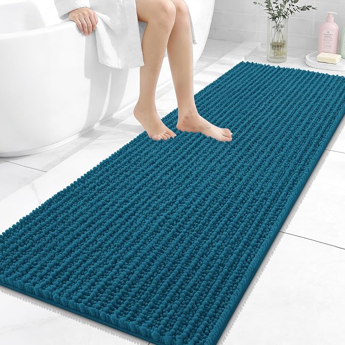 OLANLY Bathroom Runner Rugs 59x24, Thick Soft Absorbent Chenille Bath Rugs | Peacock Blue, Quick-Drying Rubber Backing, Long Shaggy Bath Mat, Washable for Floor, Tub and Shower, Home Decor Accessories