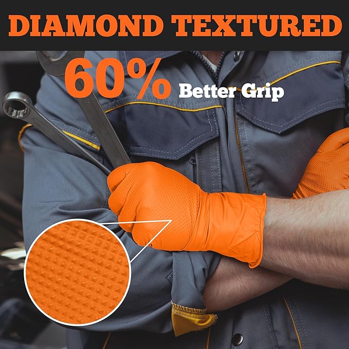 Heavy Duty Orange Nitrile Gloves, 6 Mil, Raised Diamond Texture, Mechanic Disposable Gloves, Latex Free Powder Free