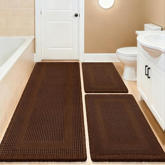 Waffle Bath Mat Set 3 Piece, Boho Woven Modern Bath Rug Absorbent Non Slip, Soft Bathroom Mats, Machine Washable Knit Bath Rugs with Tassels for Bathroom, Bedroom, Kitchen, Shower, Tub, Brown