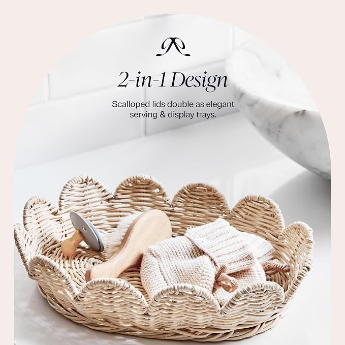 BEBE BASK The Original Scalloped Basket with Lid - Set of 2 (15x11x6 In) | Handwoven & Award Winner, Sustainable Rattan, Wicker Basket With Scalloped Edge Lid, Nursery Storage, Scallop Basket, Natural