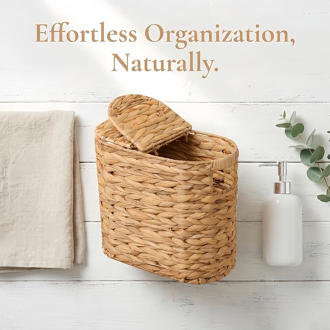 Wicker Toilet Paper Storage Basket with Lid for 4 Rolls,Natural | Wicker Storage Basket with Built-in Handles,Natural Water Hyacinth Hand-Woven Basket for Bathroom Organizers and Storage