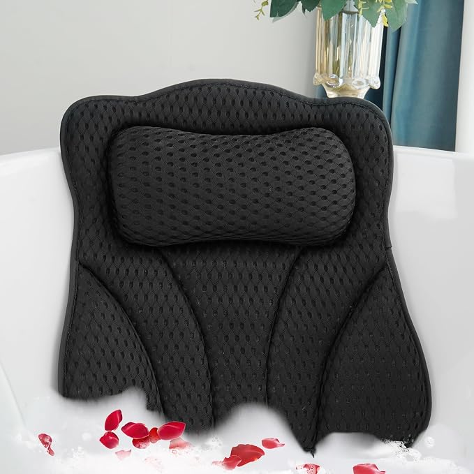 Bath Pillows for Tub Head Neck Back Support, Bathtub Pillow 4D Breathable Air Mesh, Spa Relaxing Gifts for Women, Luxury Bathing Accessories with 6 Suction Cups and Hook(Black)
