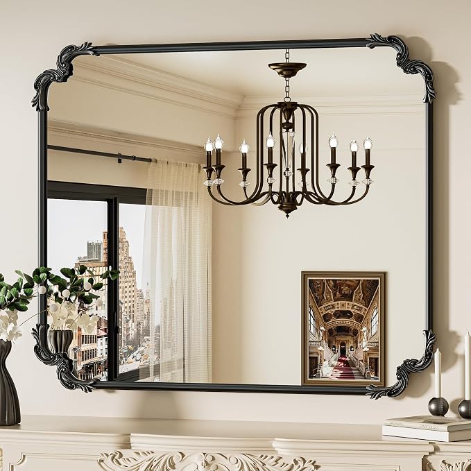 Baroque Antique Black Scroll Wall Mirror 42 x 36 Vintage Rectangle Framed Baroque French Rectangular Mirror for Mantle Fireplace Bathroom Living Room, Horizontal/Vertical