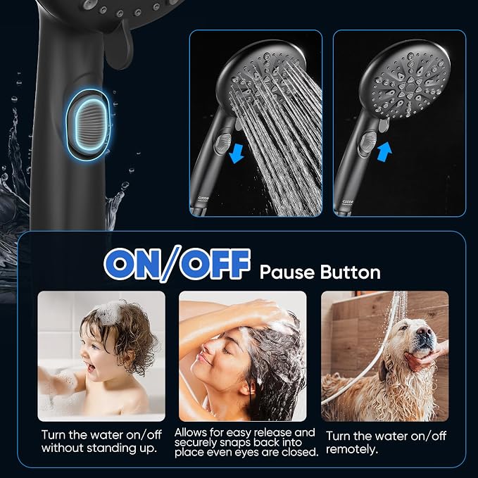 Cobbe 9 Spray Modes Handheld Shower Head, Water-Saving, Matte Black | Power Rinse, 1-Click Pause & Flow Control, 6ft Stainless Steel Hose, Adjustable Brass Bracket