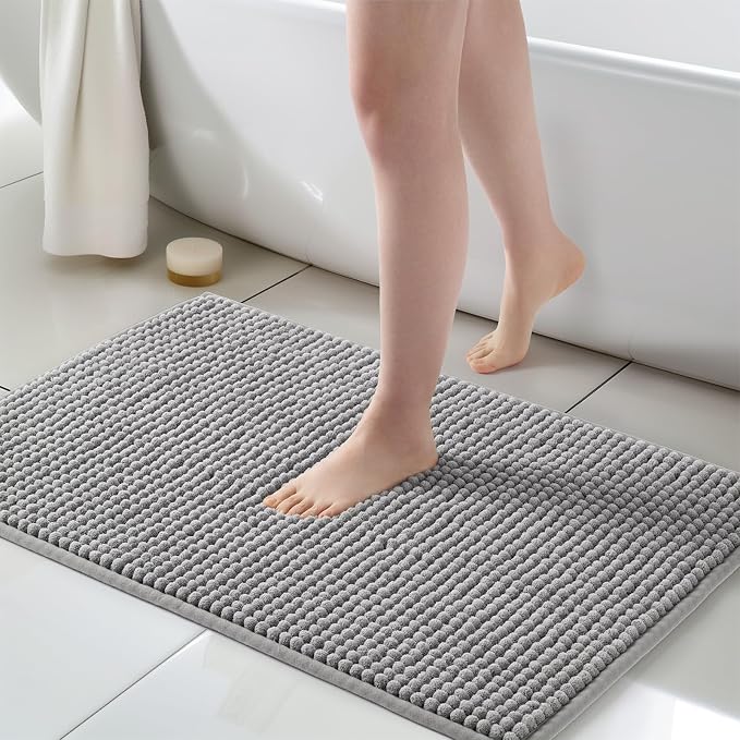 FRESHMINT Thick Chunky Chenille Bathroom Rug, Dove Gray, 24"x36" | Non-Slip Backing, Water Absorbent Surface, Machine Washable Care, Cushioned Comfort, Bathroom Floor Use