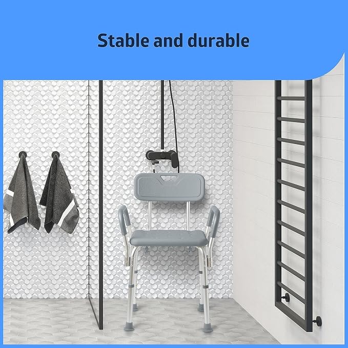 Dr. Dunley Bath Chair for Seniors, Shower Seat with Back, Suction Feet, Non-Slip Adjustable Height Shower Bench for Elderly, 350lb Weight Capacity