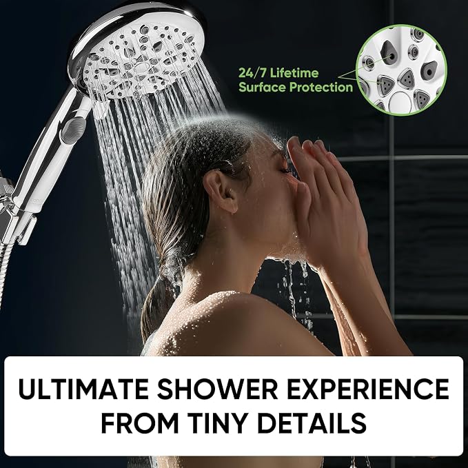 Cobbe 9 Spray Modes Handheld Shower Head, Water-Saving, Chrome | Power Rinse, 1-Click Pause & Flow Control, 6ft Stainless Steel Hose, Adjustable Brass Bracket