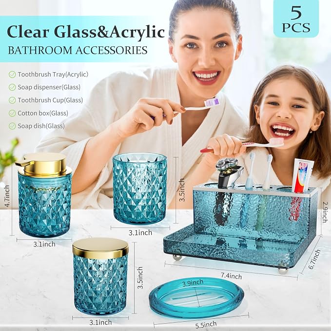 Glass Bathroom Accessories Set 5Pcs Crystal Teal, Foaming Soap Dispenser, Soap Dish, Cup, Acrylic Toothbrush Holder with Tray Organizer, Cotton Swab Jar, Bathroom Counter Set Sink Decor