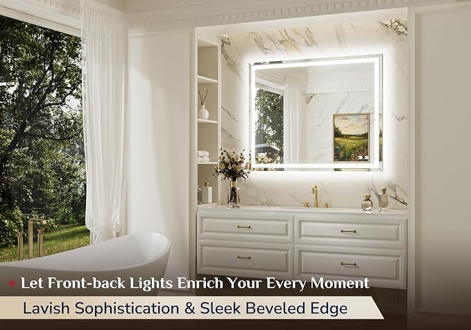 Keonjinn 42 x 36 Inch Beveled LED Bathroom Mirror with Frontlit & Backlit | HD Tempered Glass, LED Bathroom Mirror with Light, 3-Color Temperature, Fast Defogging, Stepless Dimmable, Memory Function