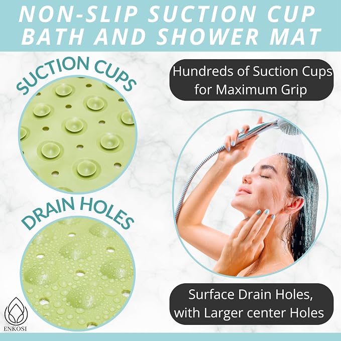 ENKOSI Non-Slip Bath & Shower Mat 40x16 Extra Long, Suction & Drain Holes | Green color; Durable PVC; 40x16 in, Green