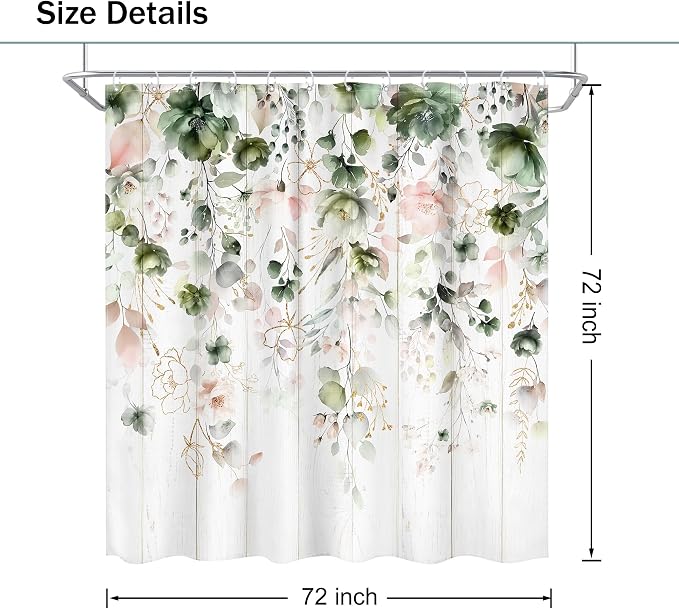 Rustic Green Pink Floral Eucalyptus Leaves Bathroom Shower Curtain Set | 72"W x 72"L Flower Pastel style, clear shower print, fast-dry fabric and hooks for a simple bath update.