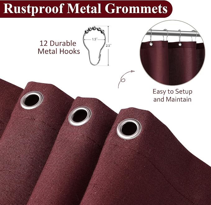 Burgundy Linen Shower Curtain, Country Boho Farmhouse Bath Decor Shower Curtains Neutral Cloth Weighted Textured Fabric Bath Curtain Liner with Hooks, 72x78