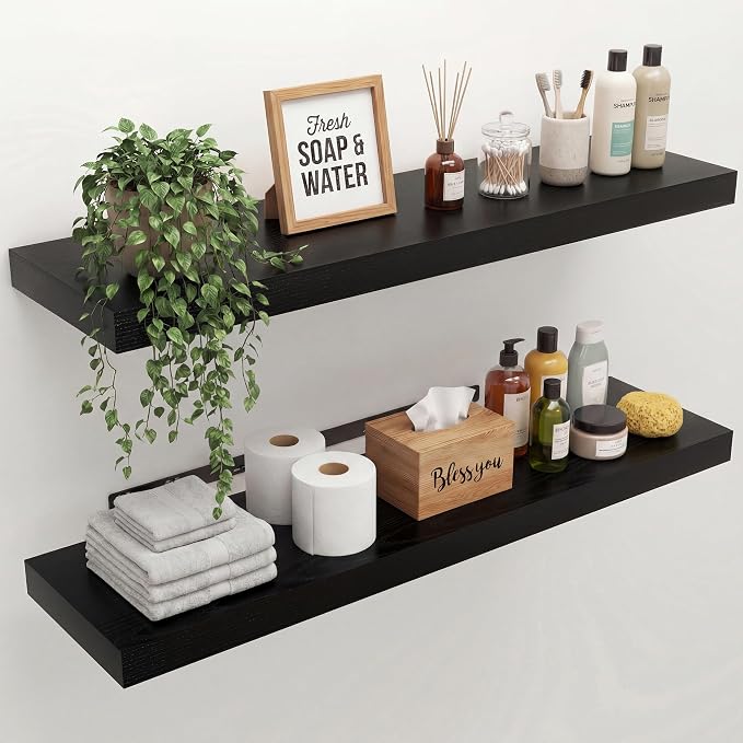 36 in Floating Shelves for Wall Decor Color Black,Pack 2 | Modern floating shelves for living room,bedroom,kitchen and bath.Organize & display books,photos and decor.easy mount,sturdy.