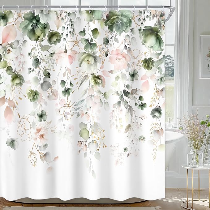 Summer Green Pink Floral Spring Eucalyptus Bathroom Shower Curtain Set | 60"W x 72"L Flower Leaves look, waterproof HD printed shower curtain, quick-dry fabric and free hooks.