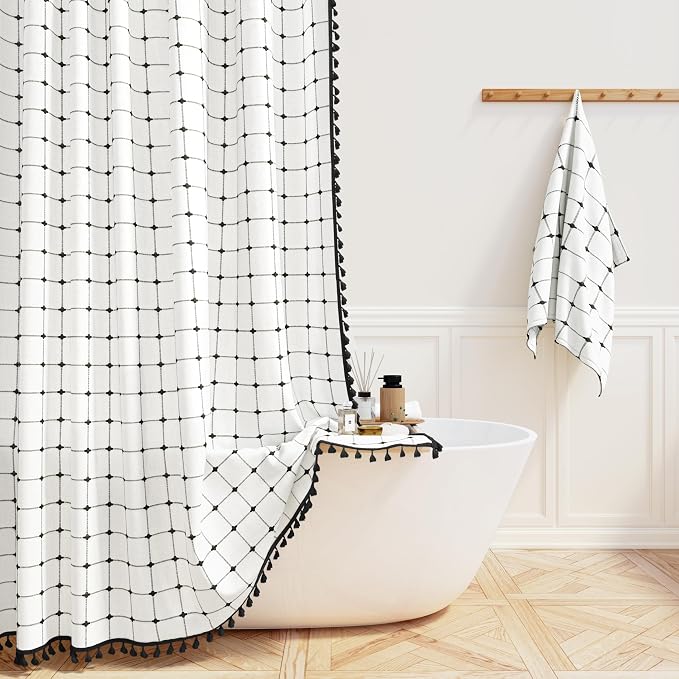 Stall Boho Farmhouse Linen Shower Curtain Set, 36x72, White and Black | Half Size, 330GSM Linen Blend, 3-side Tassels, Water Repellent Fabric, 6 Plastic Hooks, Rustic Bohemian, Machine Washable