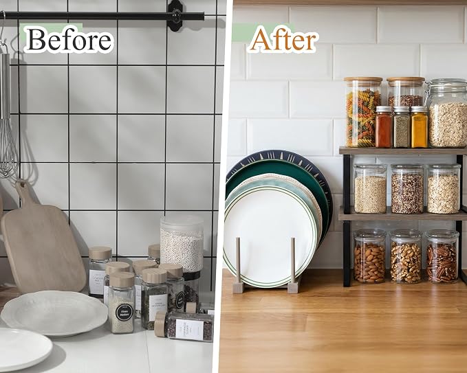 Marsui 4 Pcs Kitchen Organizer Accessories Set for Cabinet,Gray | Cabinet Organizer Shelves, Bamboo Dish Drying Plate Rack, Wooden Counter Storage Holder, for Spice Dish Pot Lid Bowl Cup