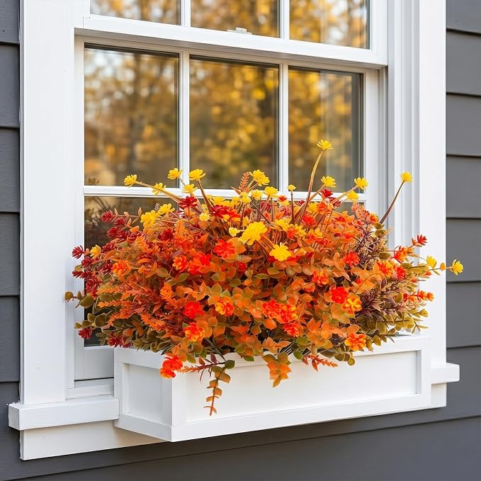 Hananona 48 Pcs Artificial Fall Flowers Outdoor, Faux Artificial Plants UV Resistant Plastic Autumn Flower for Hanging Planter Front Door Porch Window Home Decor (48, Orange)