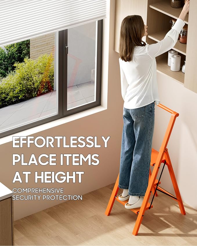 HillhutApex Aluminum 3 Step Ladder, Step Stool Foldable Ladder(Orange) | Stepladder with Handgrip,Anti-Slip Pedals,330lbs Capacity,Lightweight Portable Folding Ladder for Home,Office,Libaray